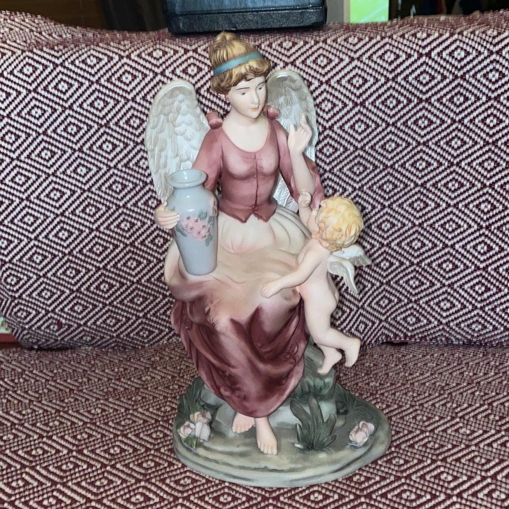 Hand painted porcelain angel woman and angel kid figurine